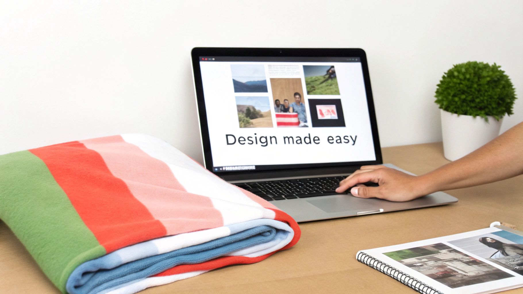 A person's hand types on a laptop displaying 'Design made easy' and images, next to colorful striped blankets.