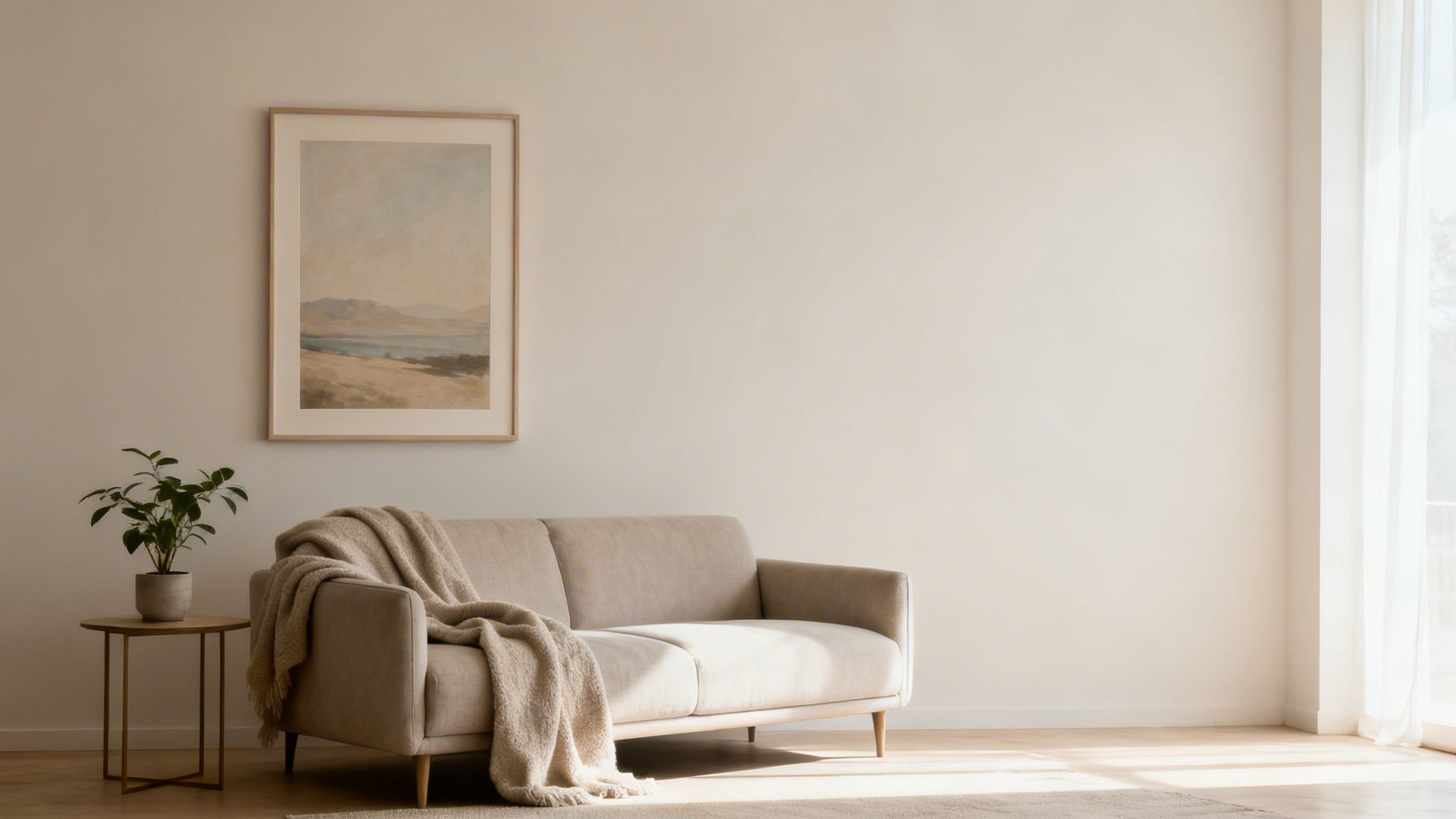 Minimalist living room featuring a light beige sofa, a decorative throw, and a framed nature artwork.