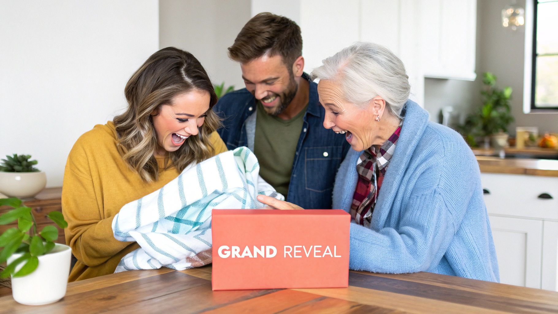 Excited family revealing a surprise, likely a baby announcement, from a 'Grand Reveal' box.