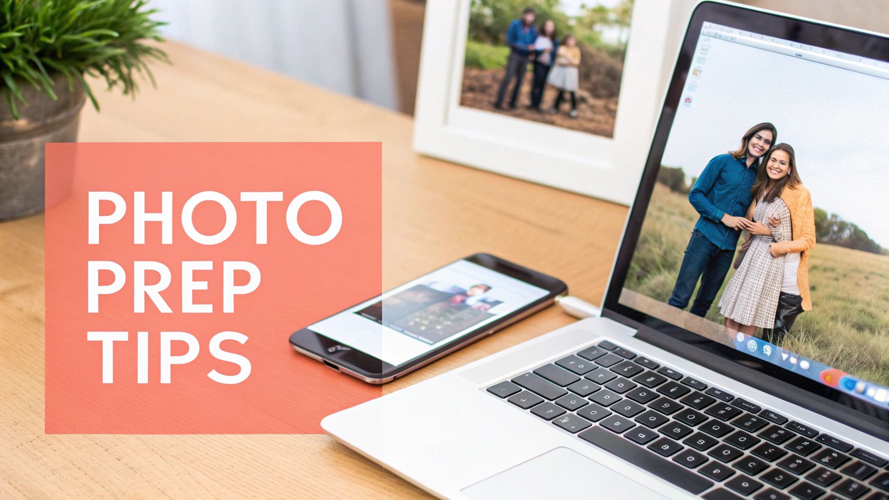 A desk with a laptop, smartphone, framed photo, and text overlay 'PHOTO PREP TIPS'.