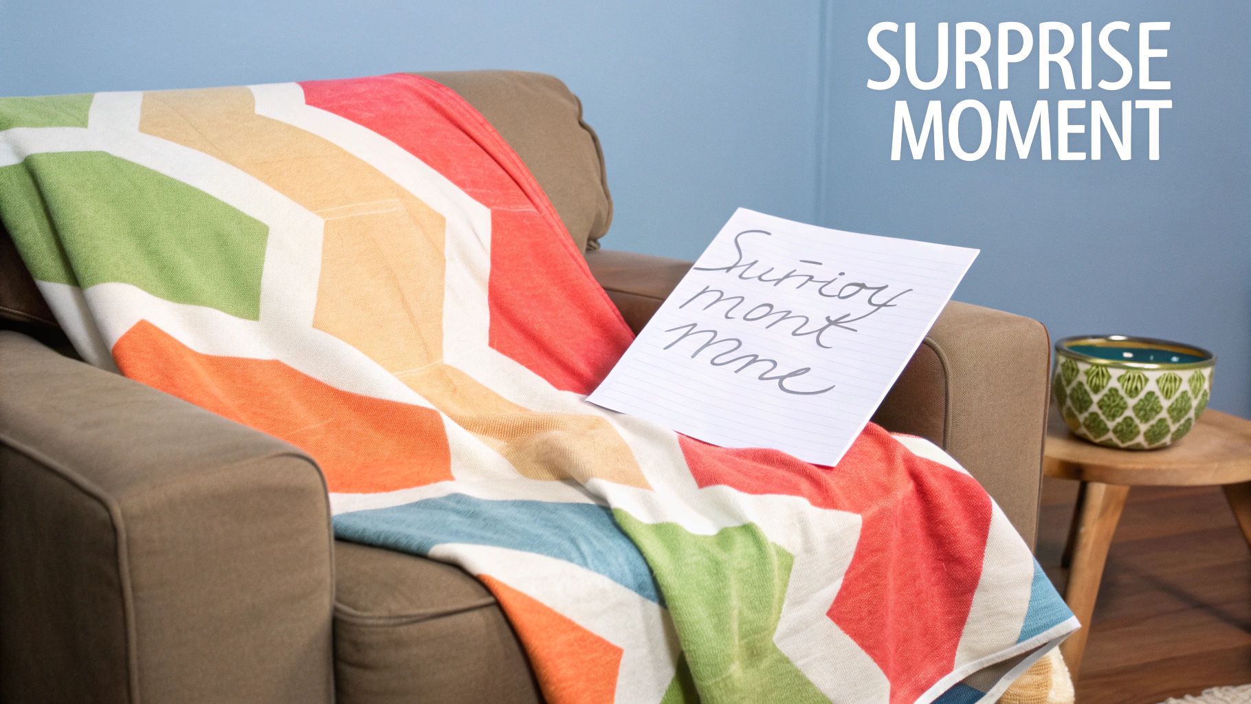 A cozy armchair draped with a colorful geometric blanket and a handwritten note saying 'Surrio mont mne'.