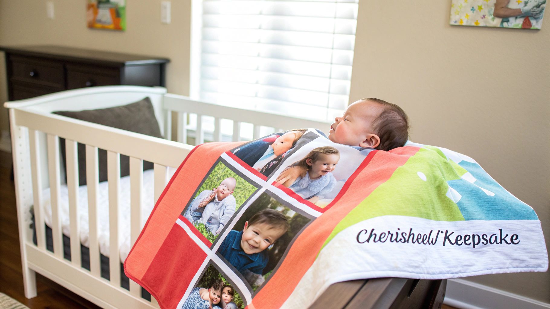 A sleeping baby lies on a colorful photo blanket featuring family pictures in a nursery.