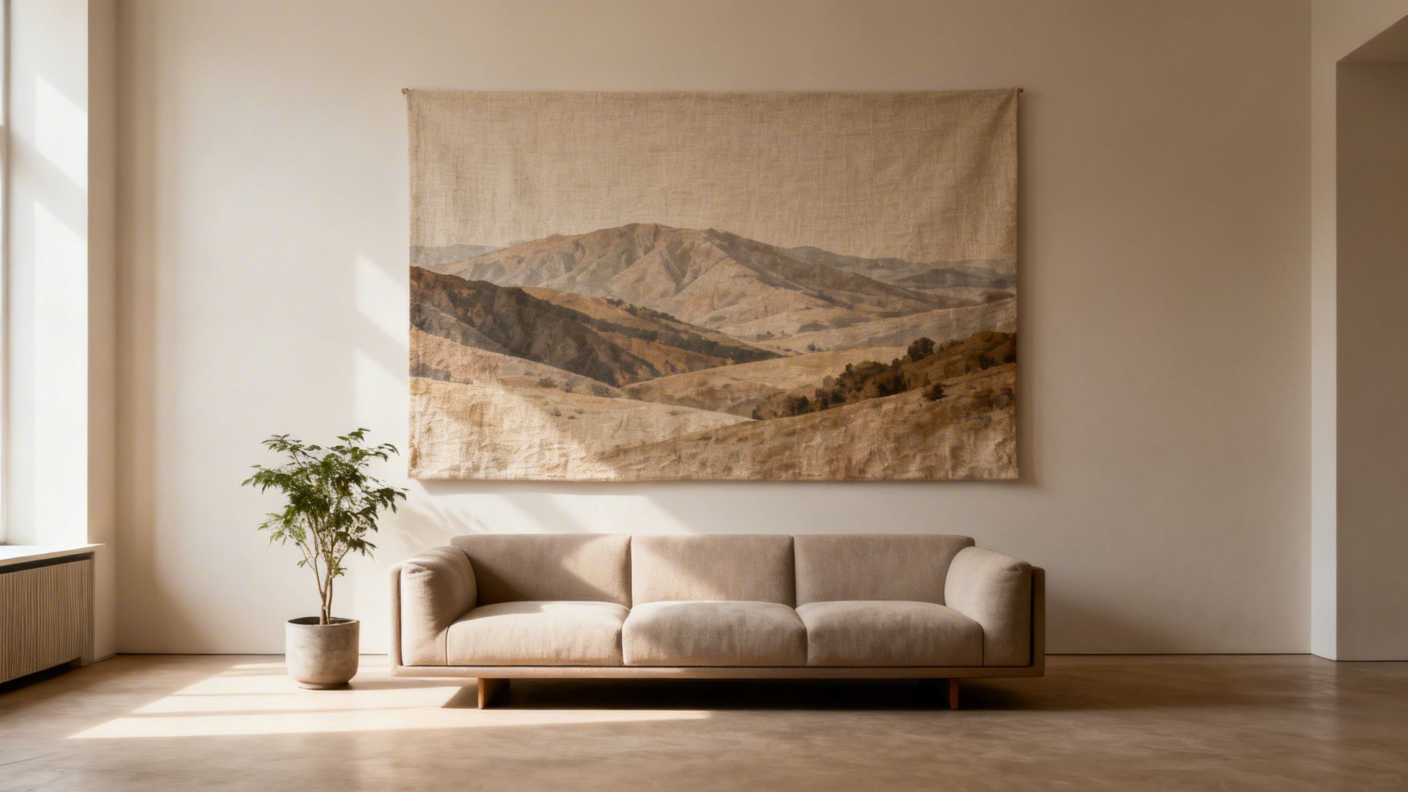 A neutral living room featuring a large fabric mountain tapestry, a beige sofa, and a potted plant.