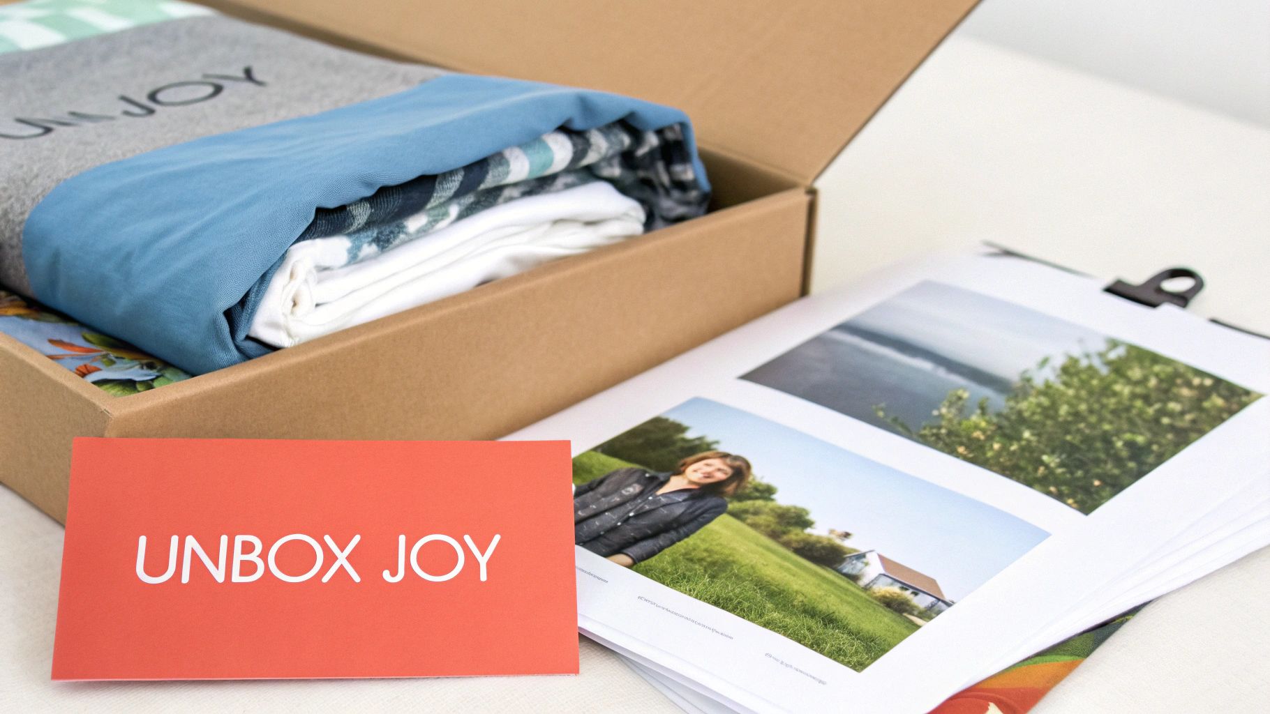An open brown subscription box with neatly folded clothes, an 'UNBOX JOY' card, and a magazine.
