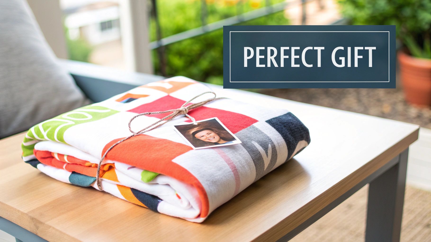 A family smiling and wrapped in a custom photo blanket, symbolizing a perfect gift for milestones.