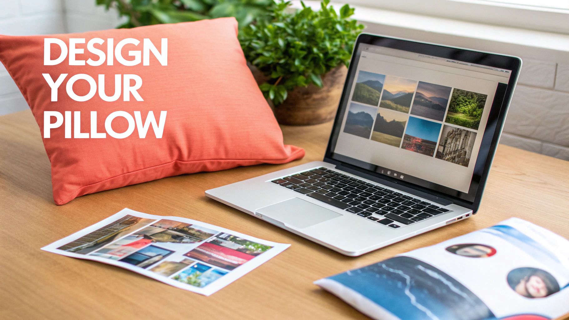 A salmon-colored pillow with 'DESIGN YOUR PILLOW' text, a laptop showing images, and personalized decor on a wooden desk.