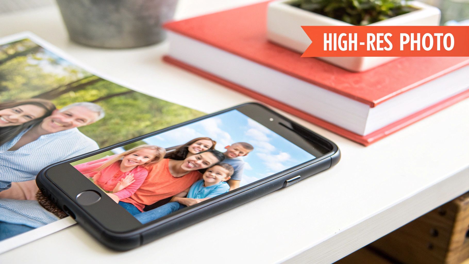 A smartphone displaying a family photo, next to a printed family picture on a white table.