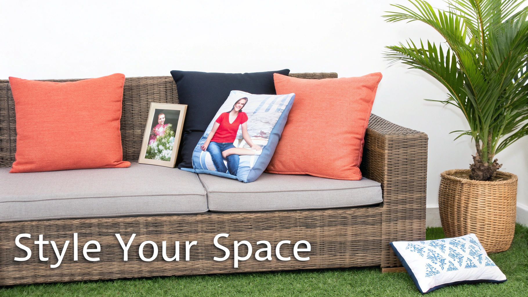 An outdoor patio sofa with personalized photo pillows, a framed picture, and a potted plant.