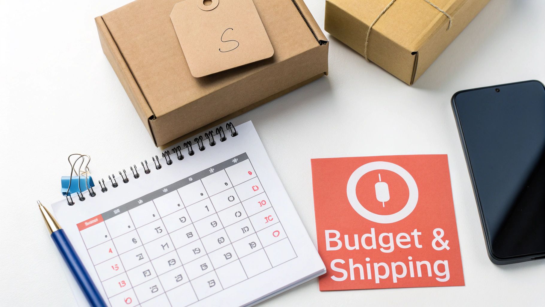 Overhead view of shipping boxes, calendar, smartphone, and 'Budget & Shipping' card on a desk.