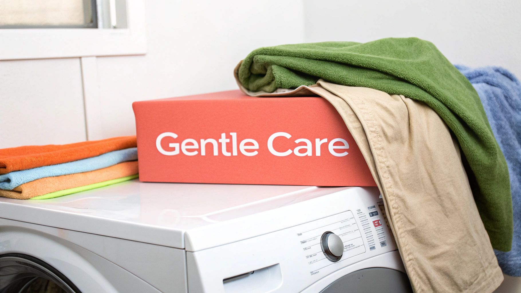 A red box labeled "Gentle Care" sits on a washing machine, surrounded by colorful towels and clothes.