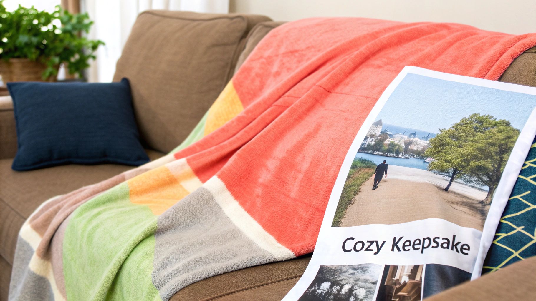 A cozy brown sofa with a dark blue pillow, a colorful striped blanket, and a magazine titled 'Cozy Keepsake'.