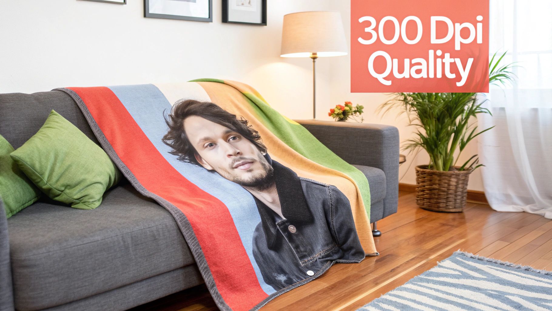 A customized blanket with a man's portrait on a gray couch with green pillows in a living room.