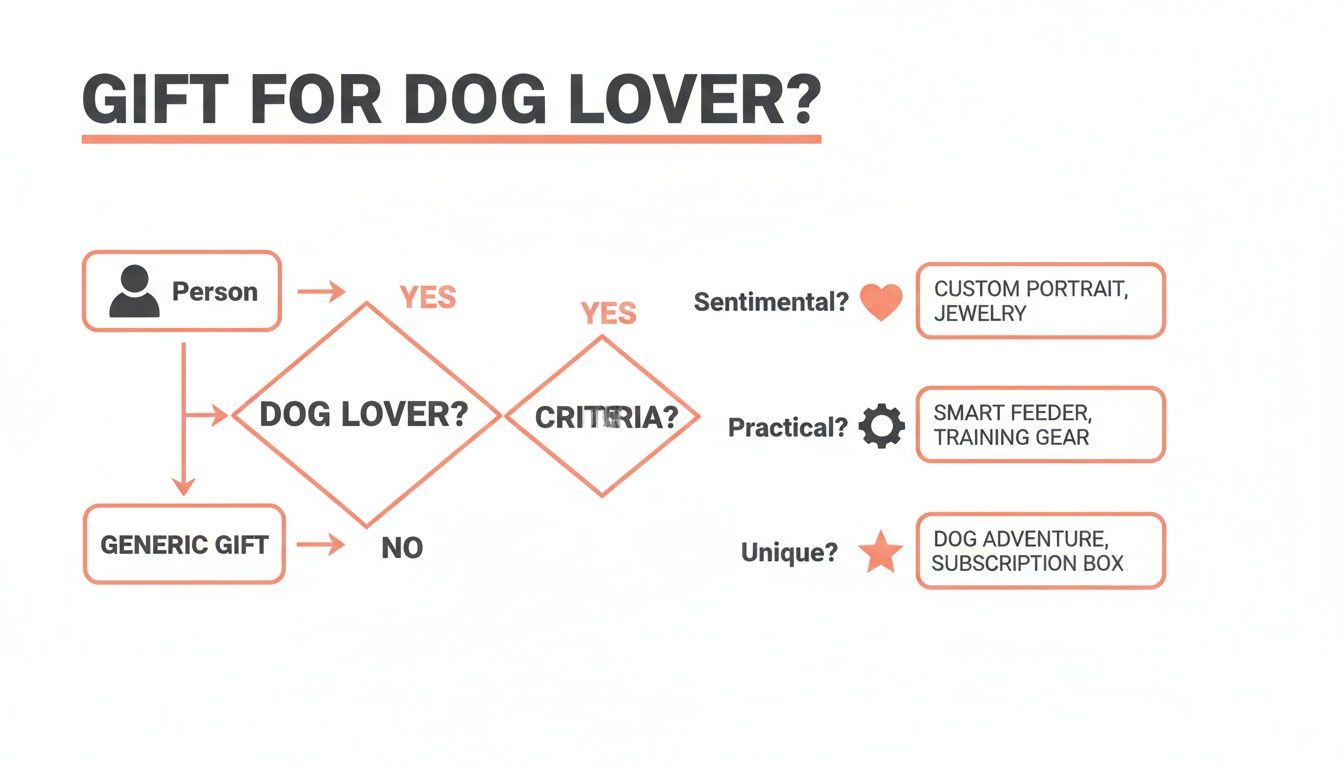 Flowchart guiding gift ideas for dog lovers: sentimental, practical, or unique gifts like portraits, smart feeders, or adventures.
