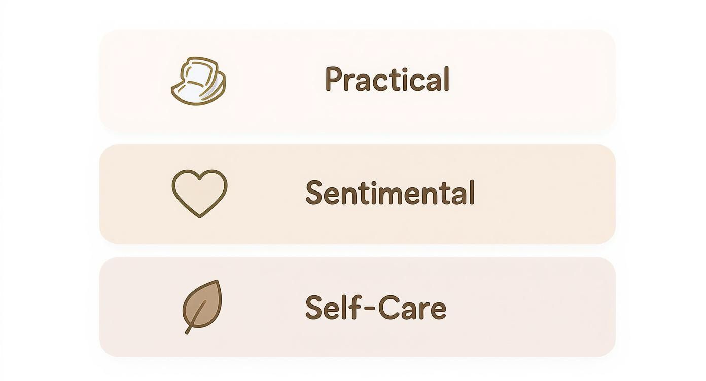 Three categorized options displayed: Practical with a folded item icon, Sentimental with a heart icon, and Self-Care with a leaf icon.