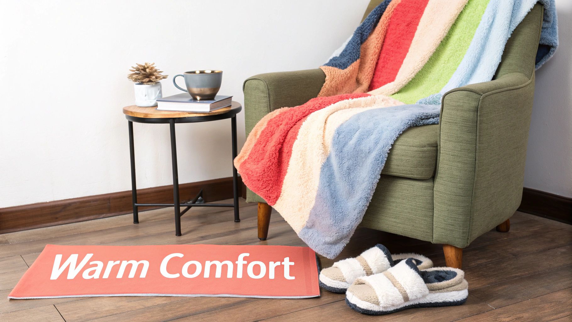 A cozy scene featuring a green armchair with a colorful blanket, a side table, and slippers on a wooden floor, with a mat reading 'Warm Comfort'.