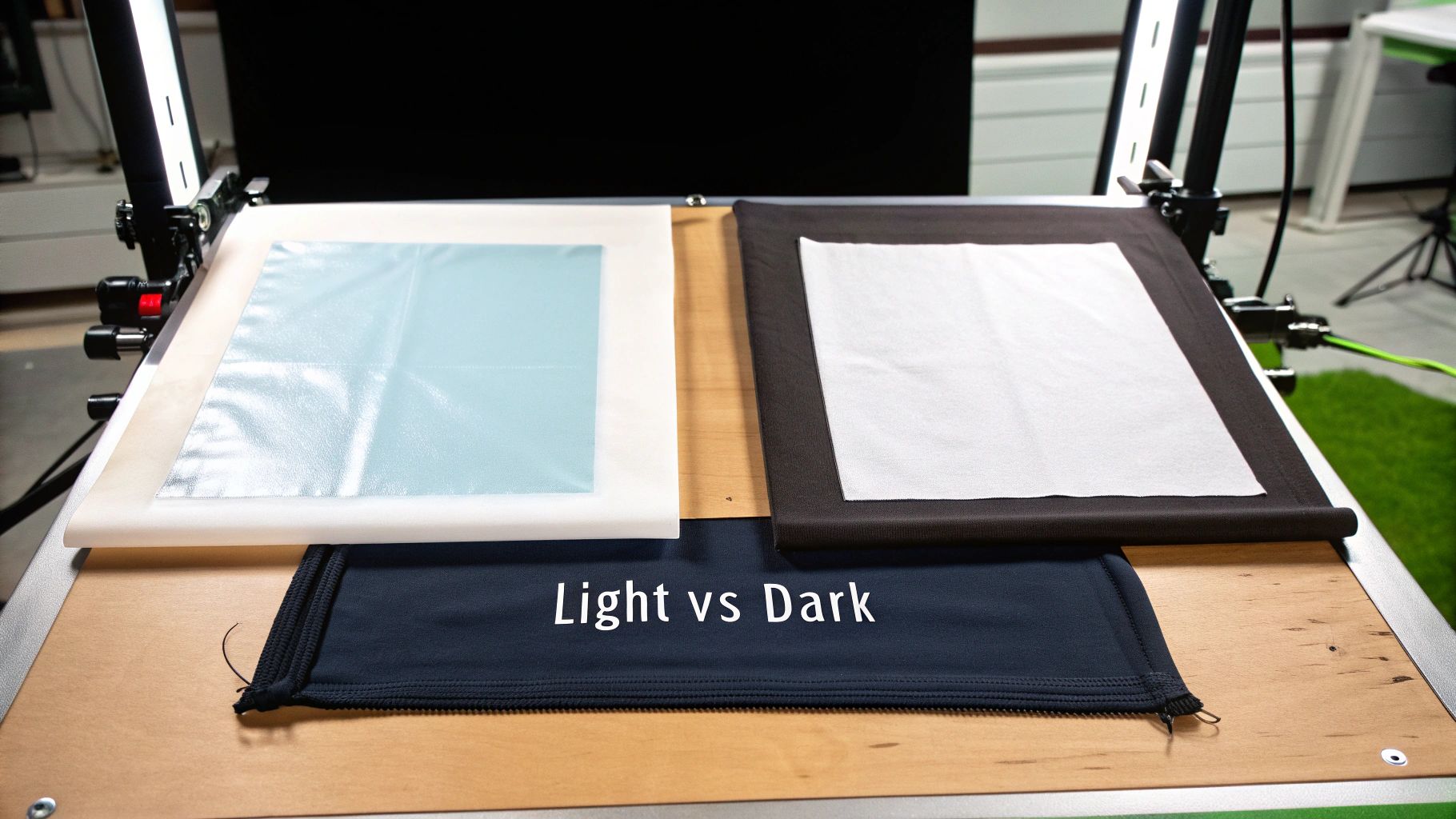 A controlled setup showing light and dark heat transfer paper samples on contrasting surfaces.