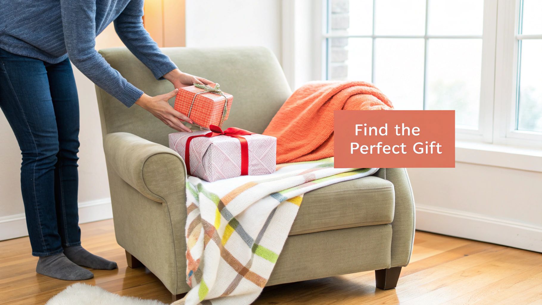 A person places a festive orange gift box on an armchair with other wrapped presents and blankets.