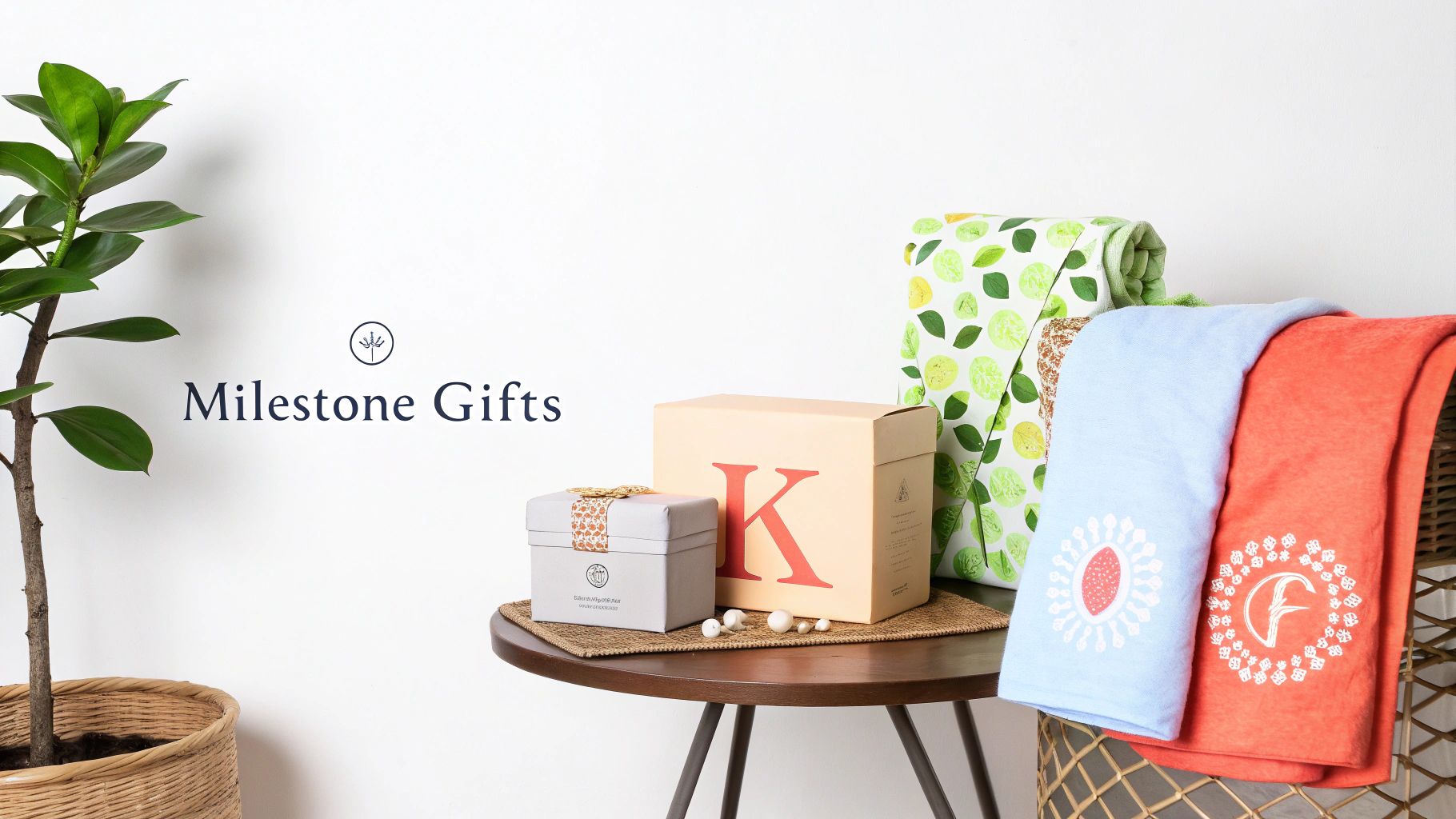 A baby surrounded by personalized holiday gifts, including a custom blanket.