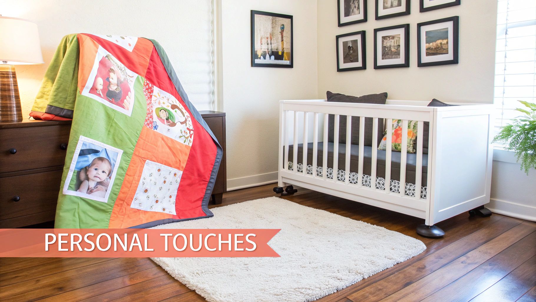 A cozy nursery room featuring a white crib, a personalized quilt with photos, and a wooden dresser.