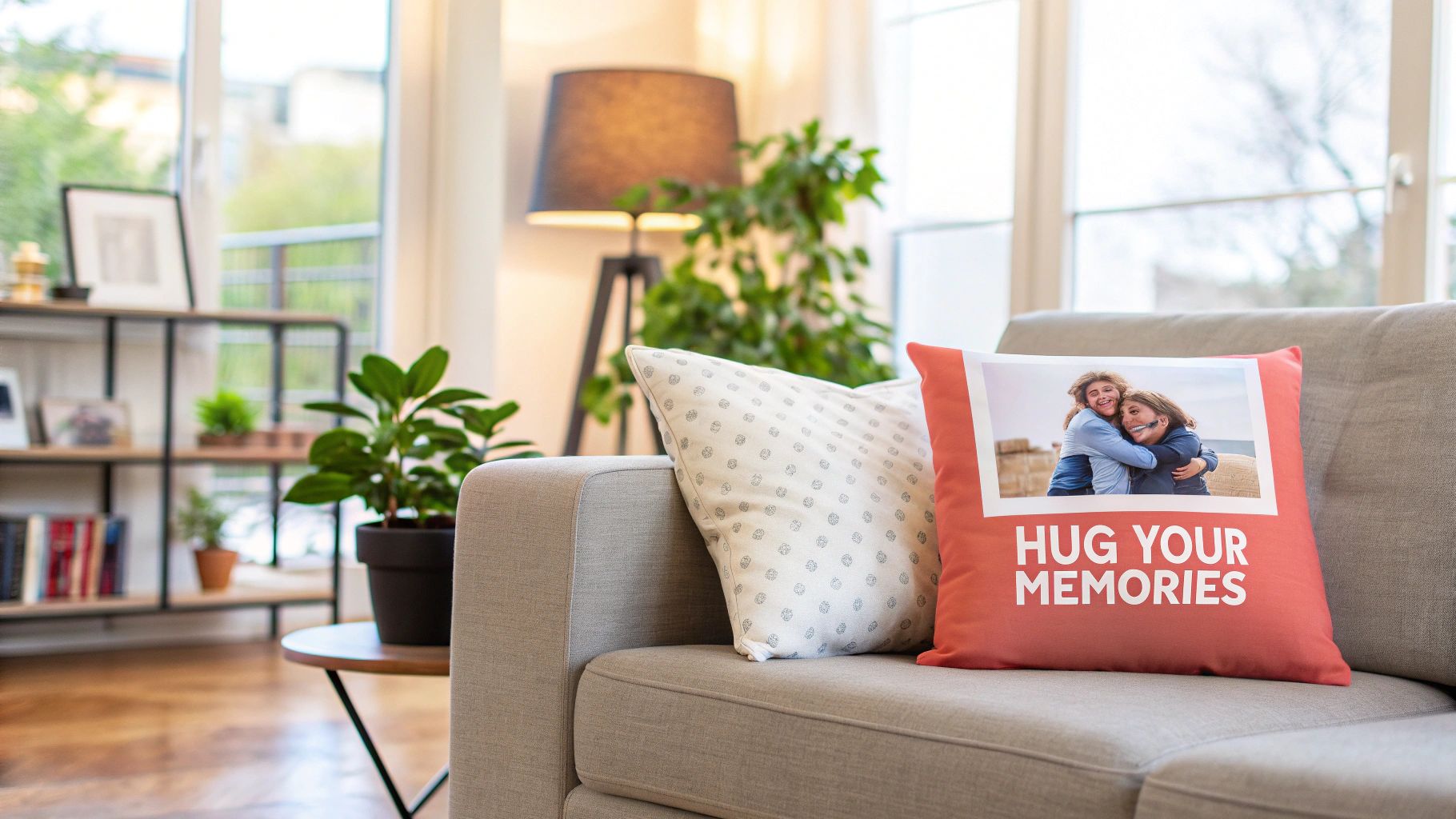 Custom photo pillow featuring two women hugging and 'Hug Your Memories' text on a cozy living room couch.