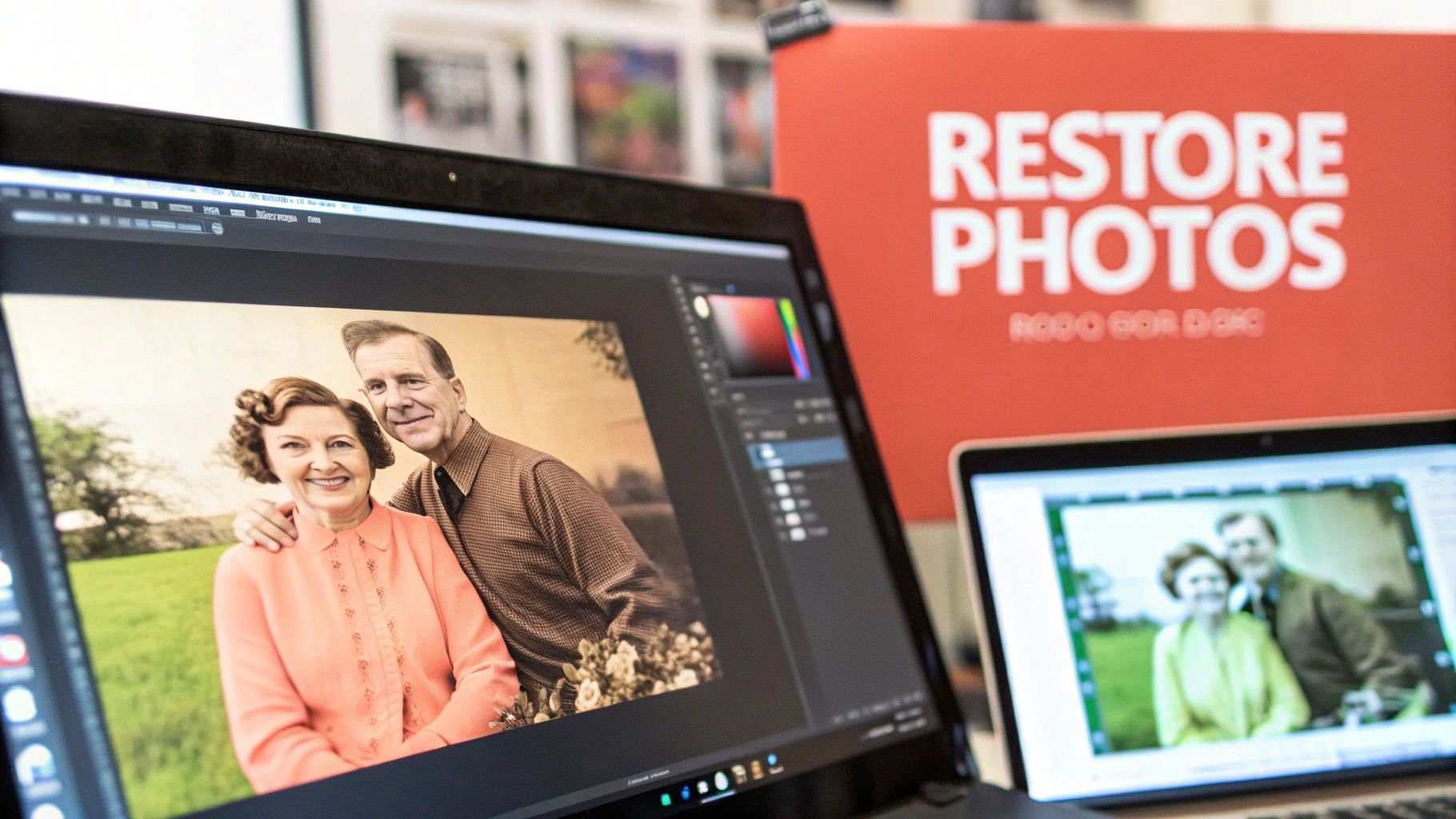 A laptop screen displays a digitally restored vintage photo of a smiling couple, with photo editing software visible.