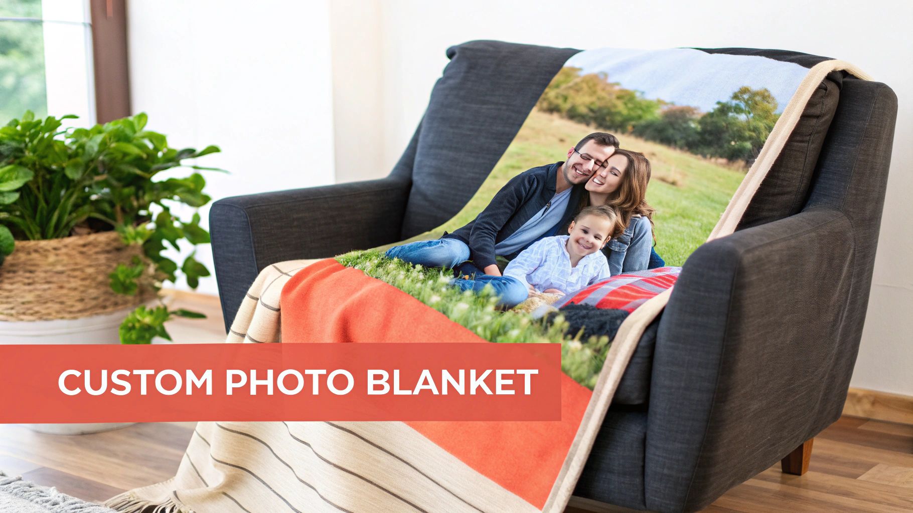 A custom photo blanket featuring a smiling family, draped over a dark grey armchair in a living room.