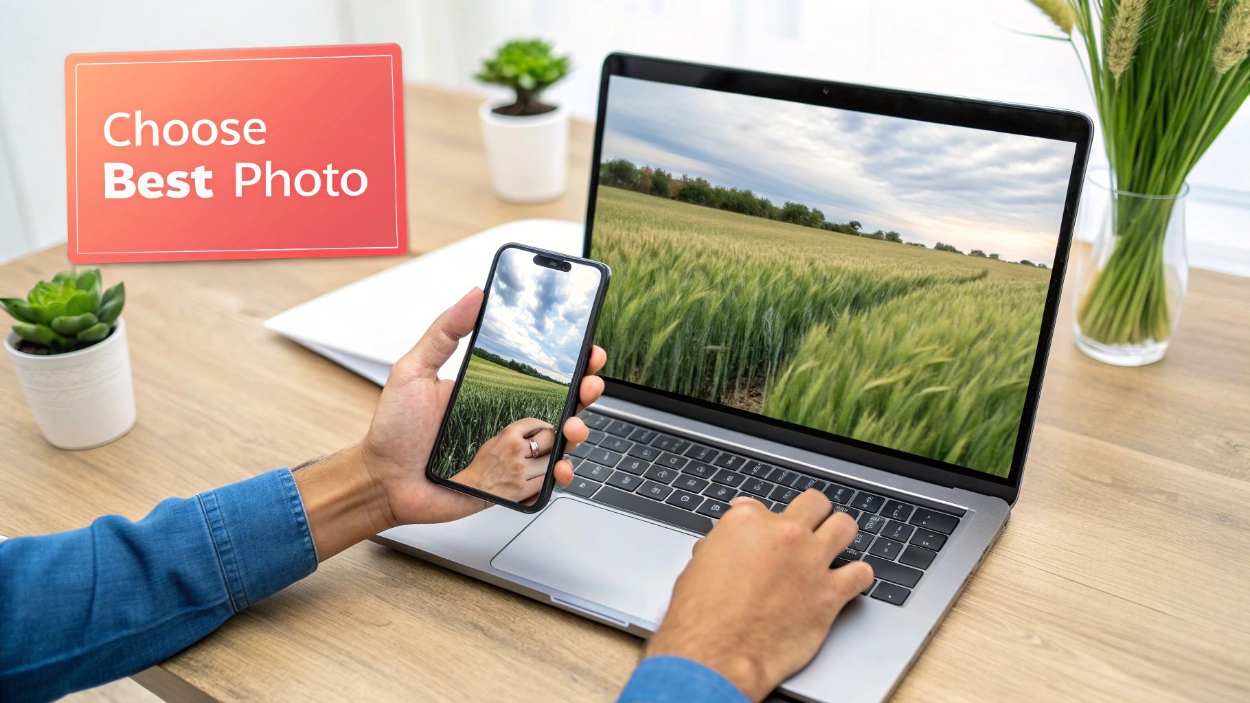 A person selects photos on a laptop and smartphone, both showing a vibrant green field under a cloudy sky.