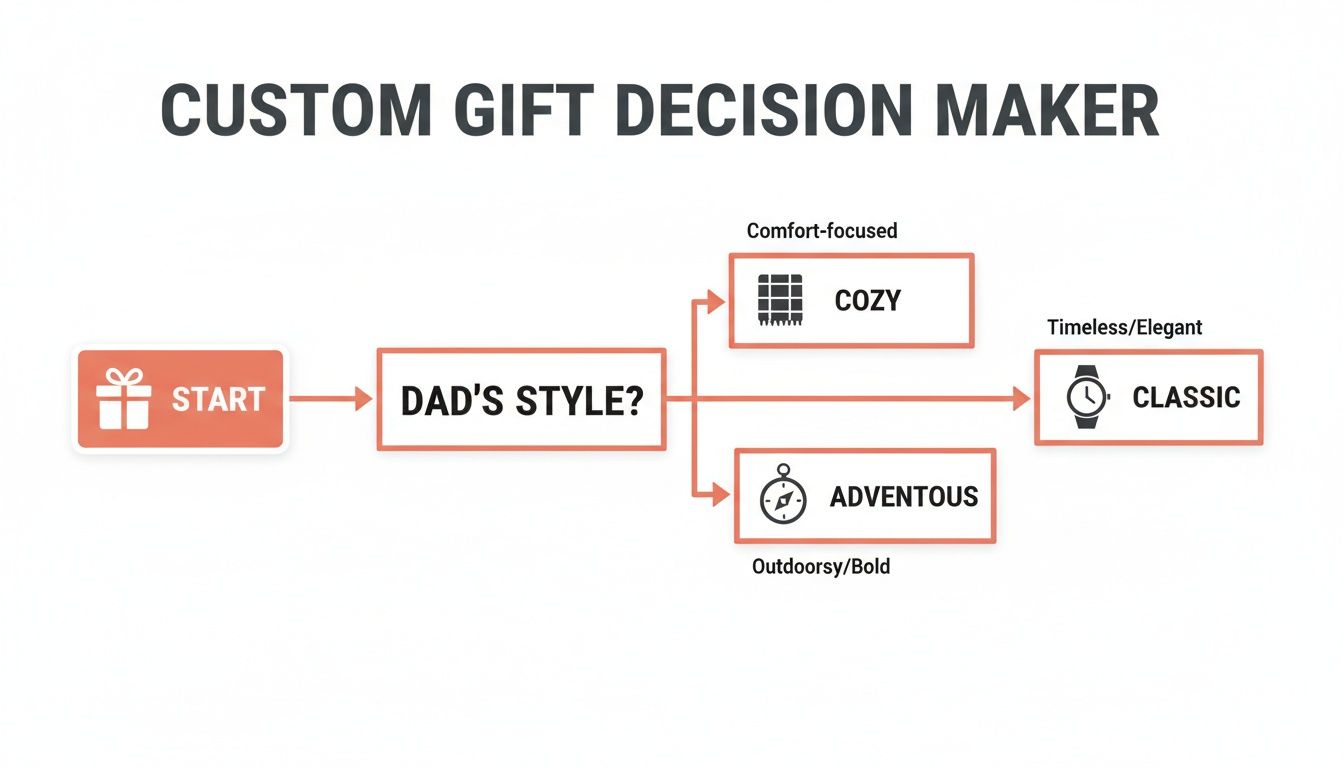 A flowchart titled 'Custom Gift Decision Maker' guiding choices for Dad's style: Cozy, Classic, or Adventurous.