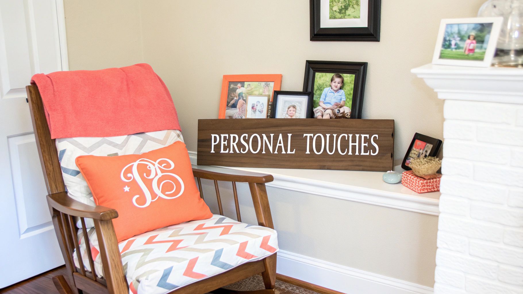 Cozy nursery corner with a wooden rocking chair, chevron cushion, monogrammed pillow, and family photos.