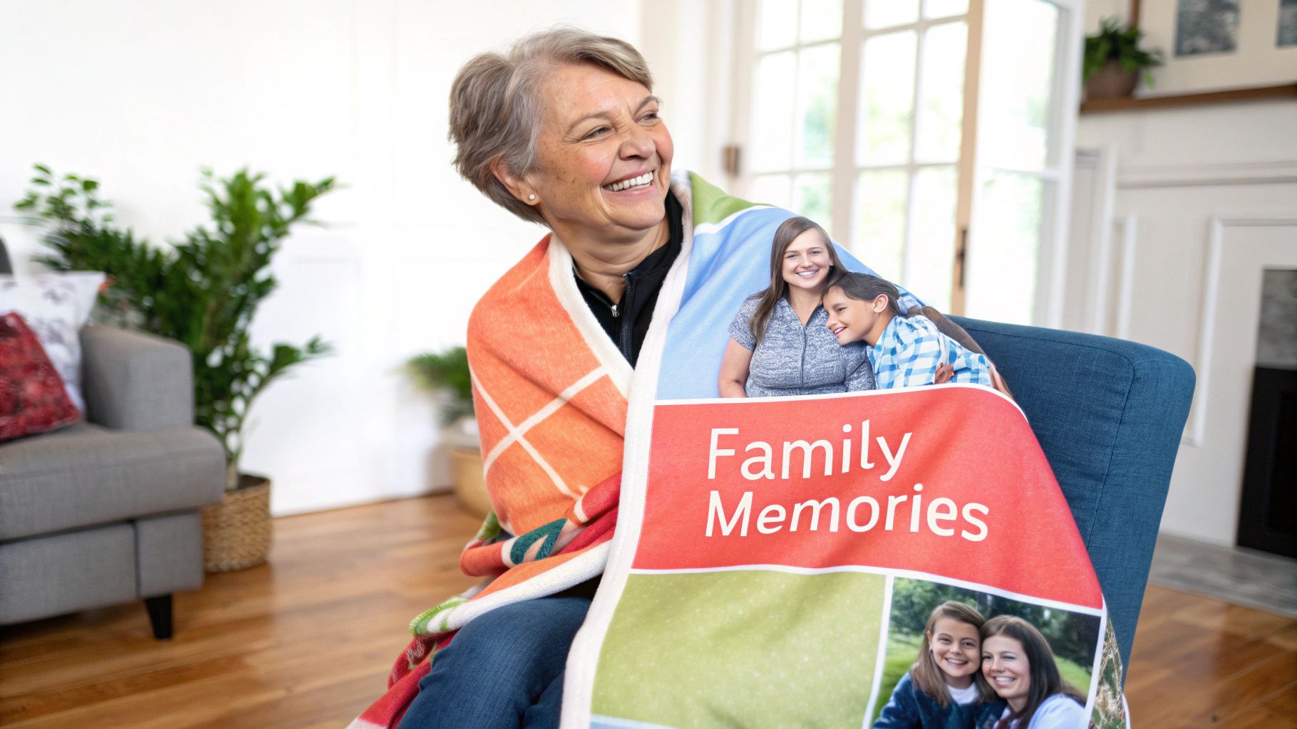Happy grandmother wrapped in a custom photo blanket displaying cherished family memories.