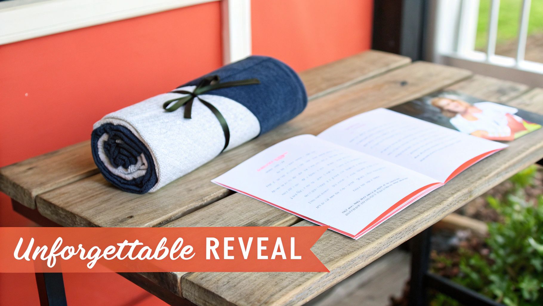 A rolled blue and grey blanket tied with a dark ribbon next to an open book on a wooden table, suggesting a meaningful reveal.