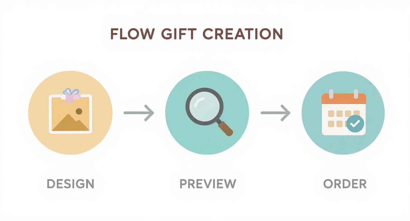 Flow gift creation process with three steps: Design, Preview, and Order, illustrated with icons and arrows.