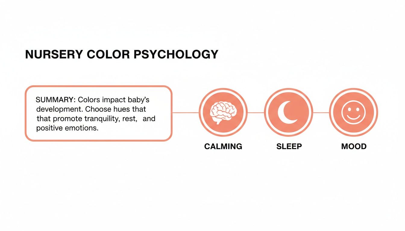 An infographic on nursery color psychology, illustrating how colors impact a baby's calming, sleep, and mood.
