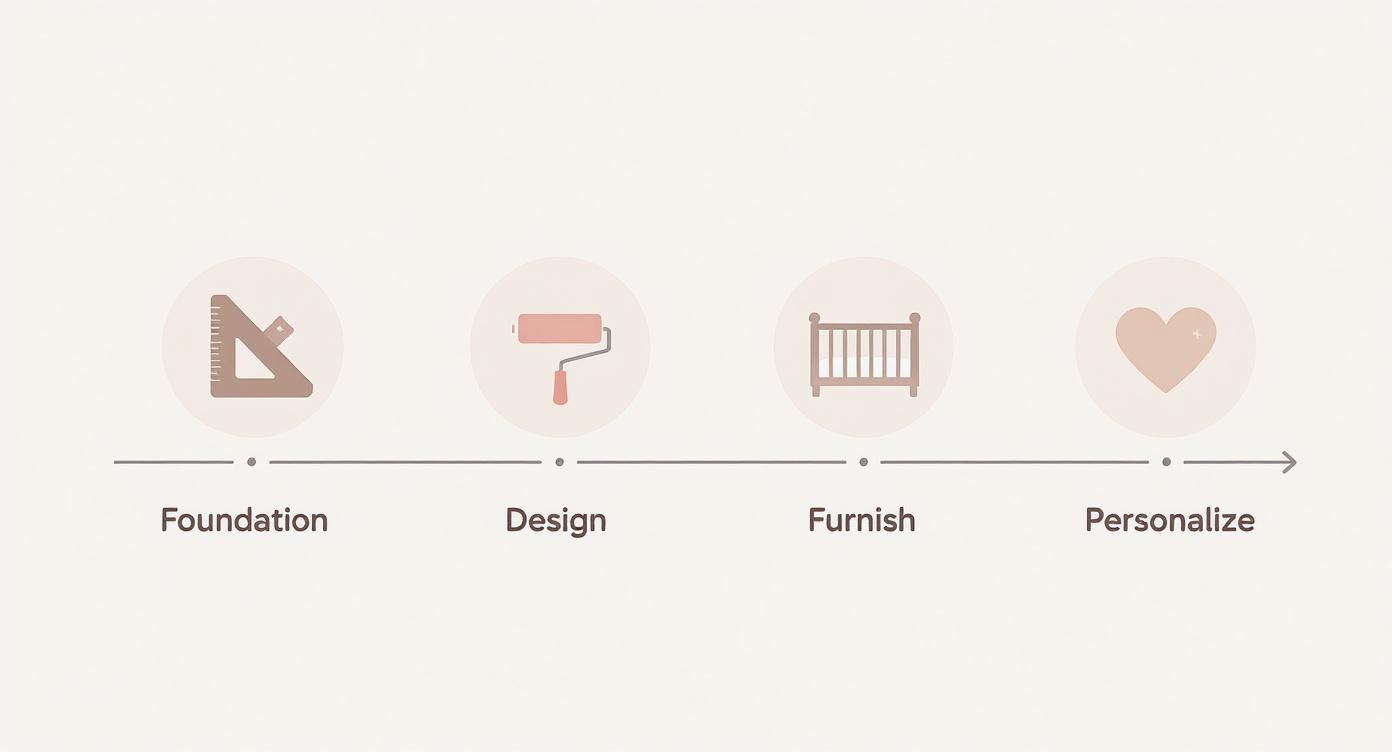 A four-step nursery decoration process with icons for foundation, design, furnish, and personalize.
