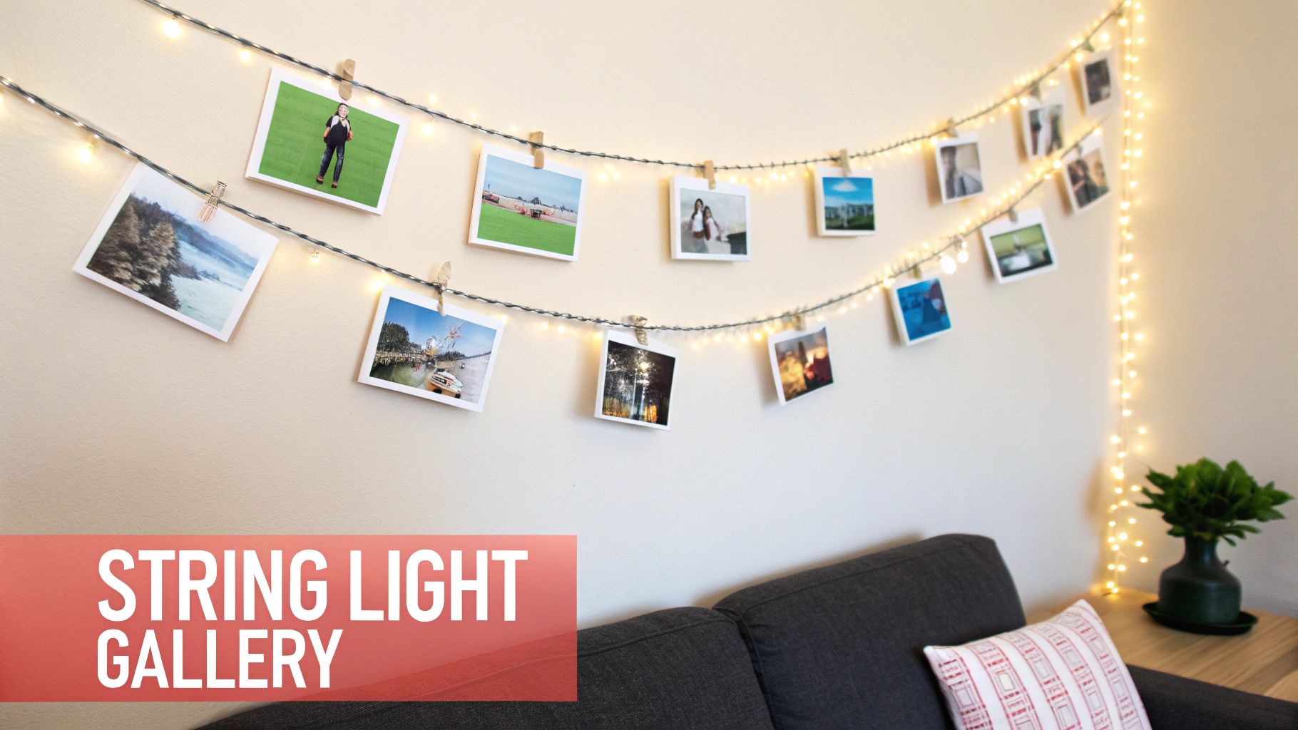 A light-colored wall decorated with two strands of string lights holding clipped photos above a dark grey couch.