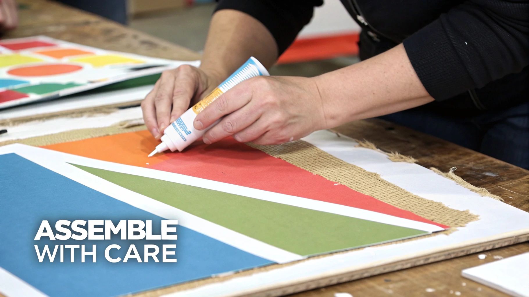 A person applies white glue to a colorful collage art project with geometric shapes and burlap on a wooden table.