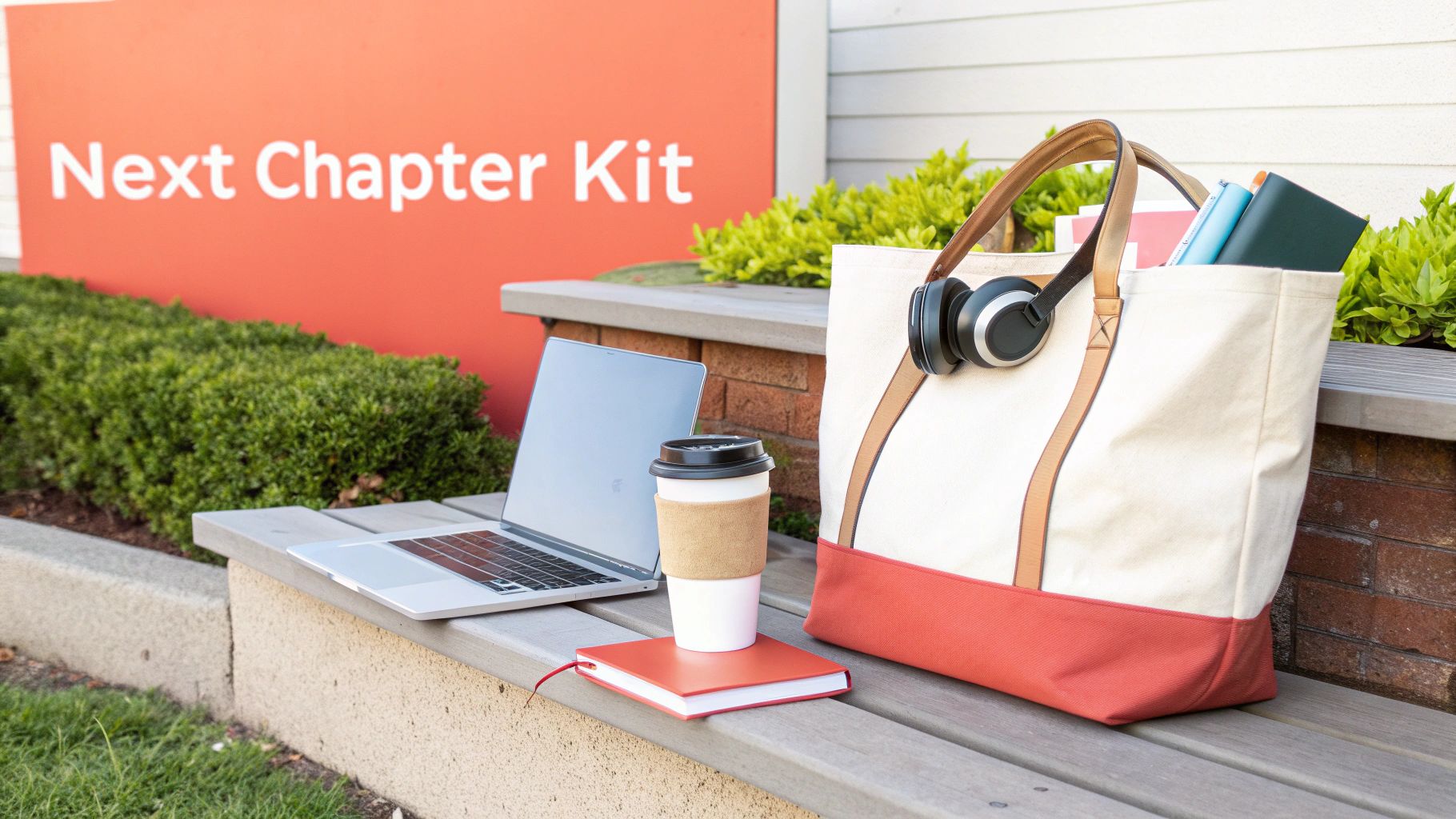 A "Next Chapter Kit" sign behind an outdoor bench with a laptop, coffee, notebook, and a tote bag with headphones.