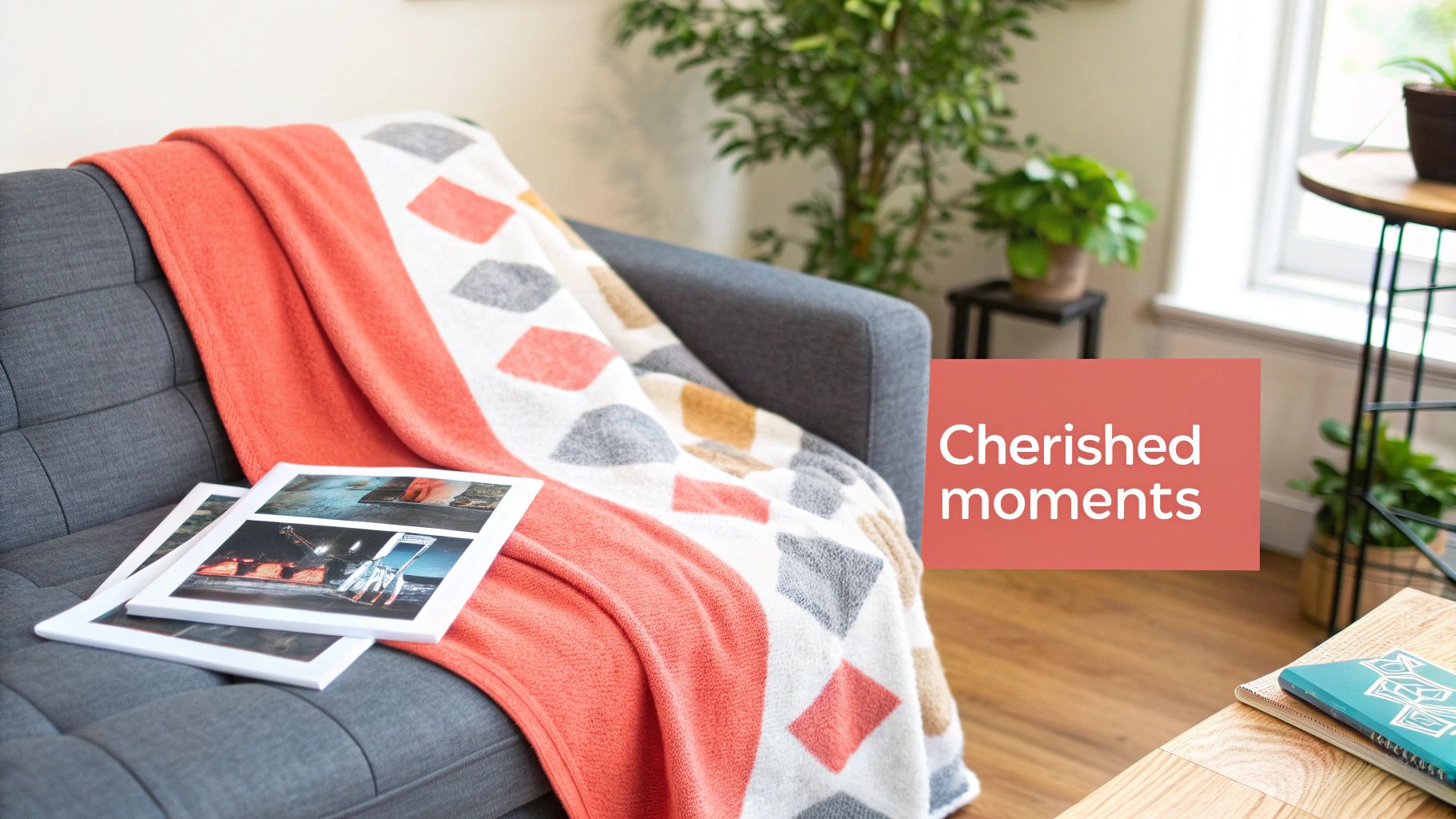 Cozy gray sofa with coral geometric blanket and photo prints creating cherished moments at home
