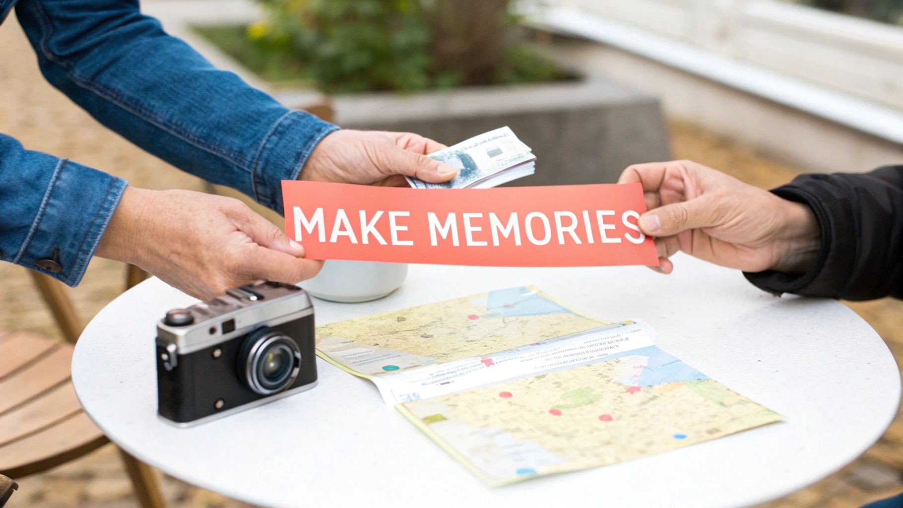 Two people hold a red 'MAKE MEMORIES' sign with money, a vintage camera, and a map on a table.