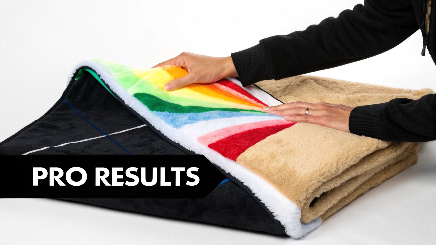 Hands carefully fold a soft, colorful blanket with rainbow, black, and beige sections on a white surface.