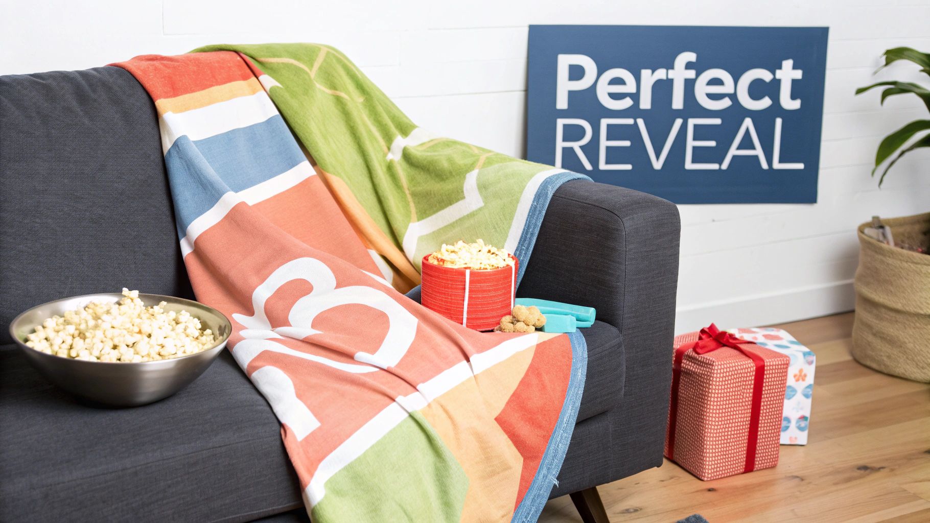 Cozy grey sofa with colorful blankets, popcorn bowls, and wrapped gifts for a perfect reveal event.
