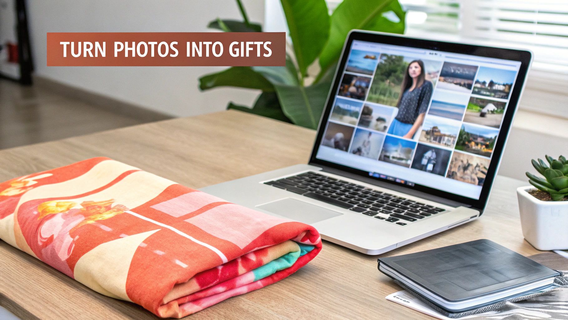 A laptop displaying a photo gallery sits on a wooden desk next to a colorful folded blanket, suggesting custom photo gifts.
