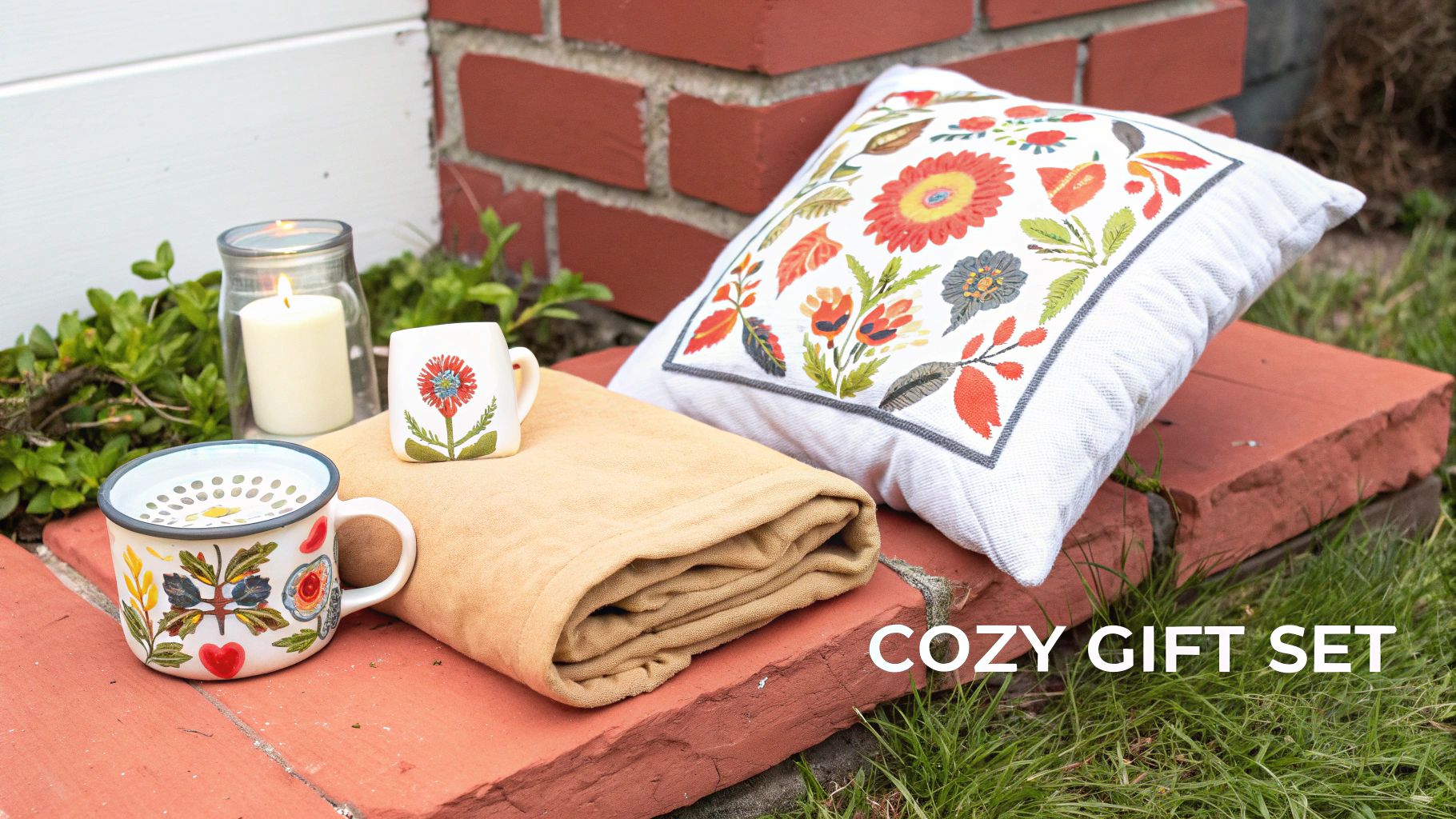 A cozy living room scene with a custom photo blanket, a personalized mug, and a scented candle.