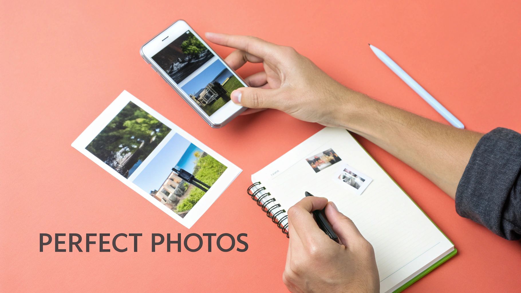 Hands viewing digital photos on a smartphone and organizing printed photos into a journal.