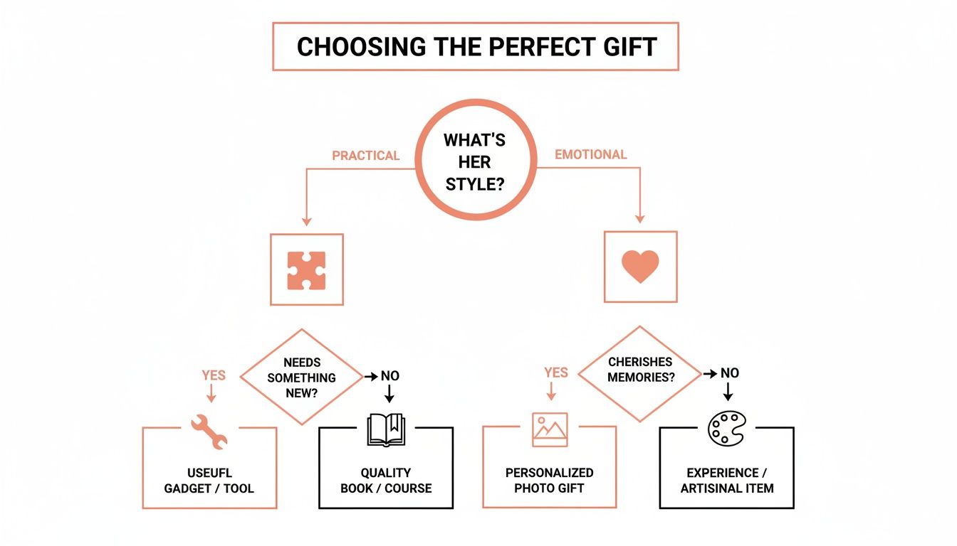 A flowchart titled 'Choosing the Perfect Gift' guides selection based on practical or emotional style.