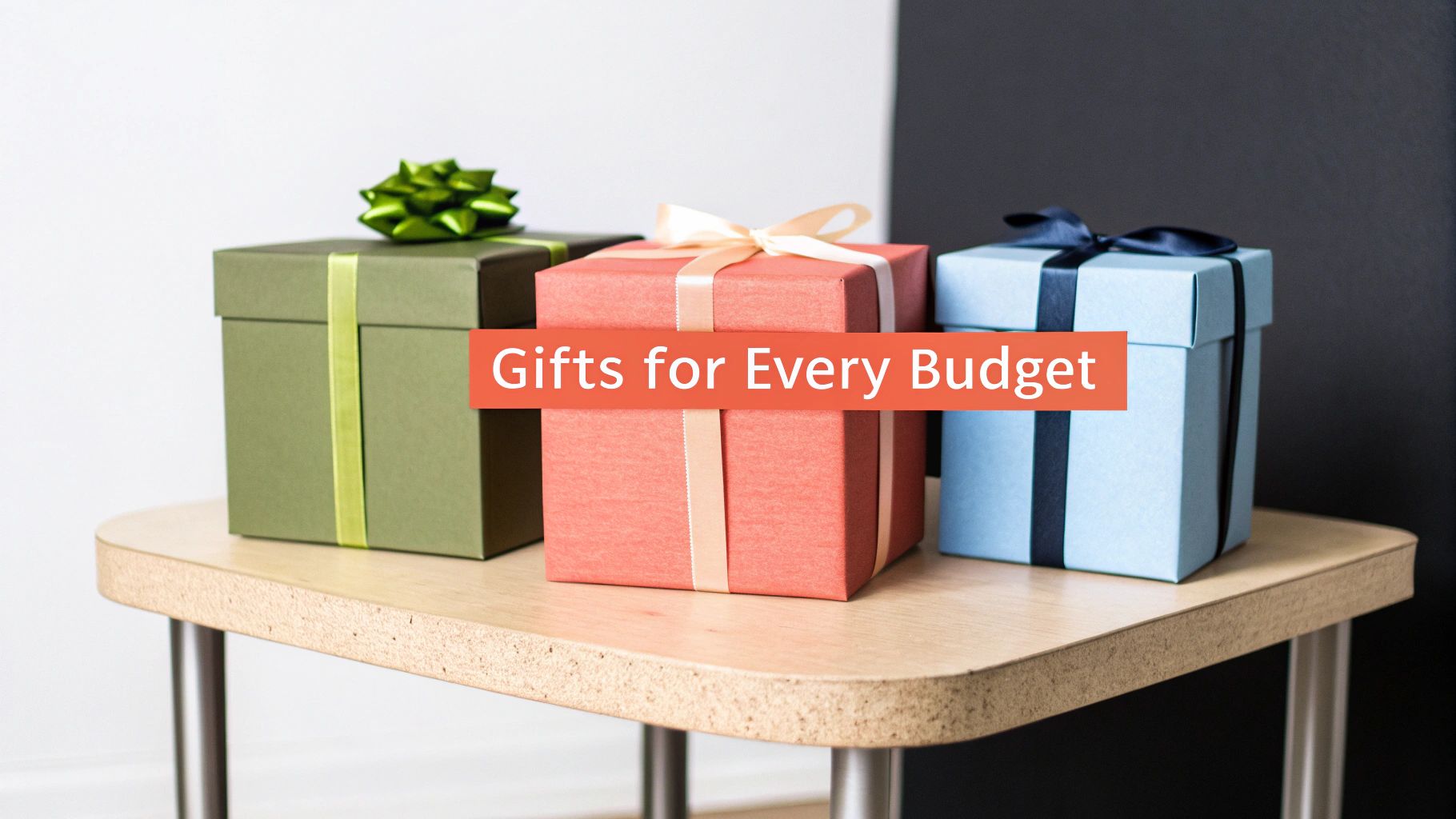 Three beautifully wrapped gift boxes in various colors on a table, promoting gifts for every budget.