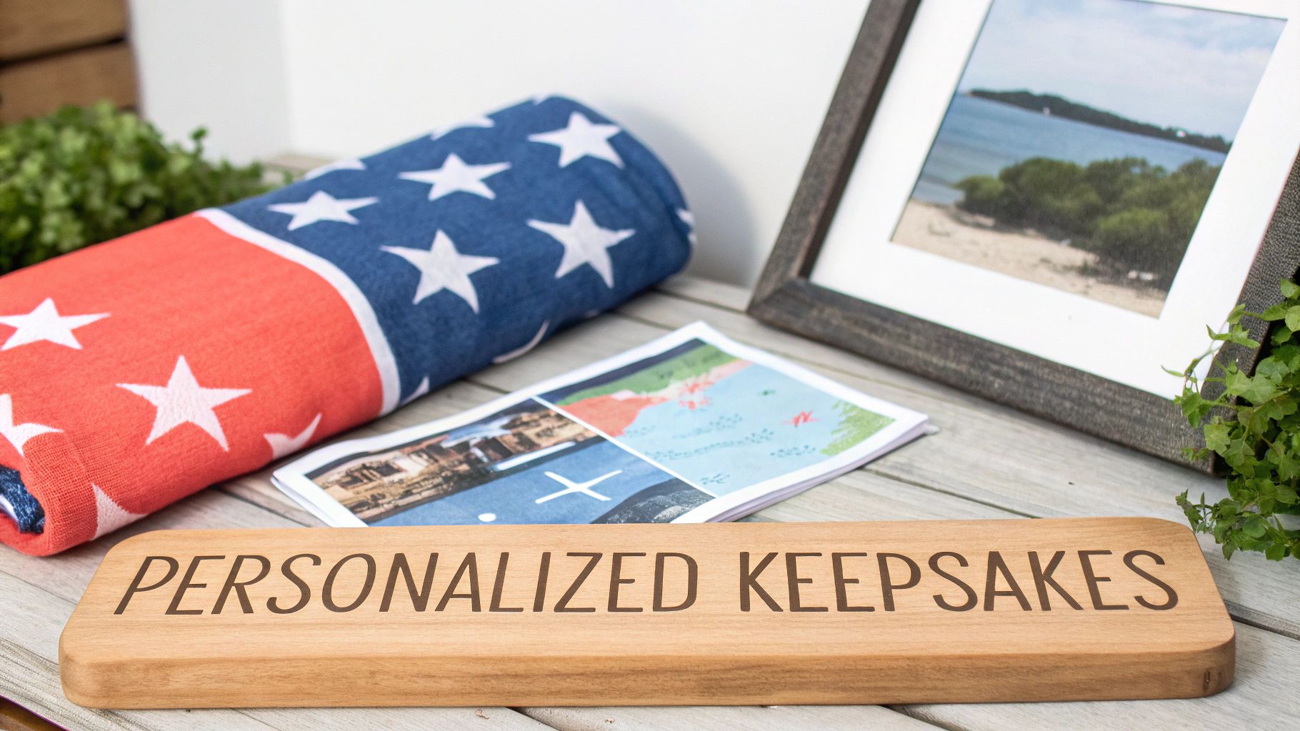A wooden plaque reads "PERSONALIZED KEEPSAKES" next to an American flag towel and framed beach photo.