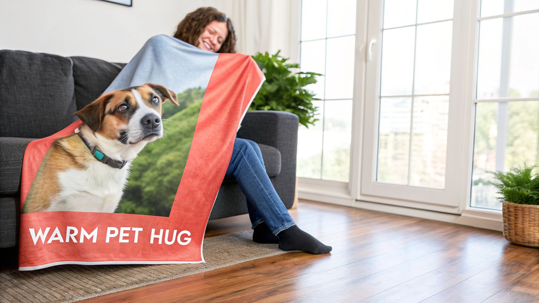 A person wrapped in a custom pet photo blanket showing a dog's face