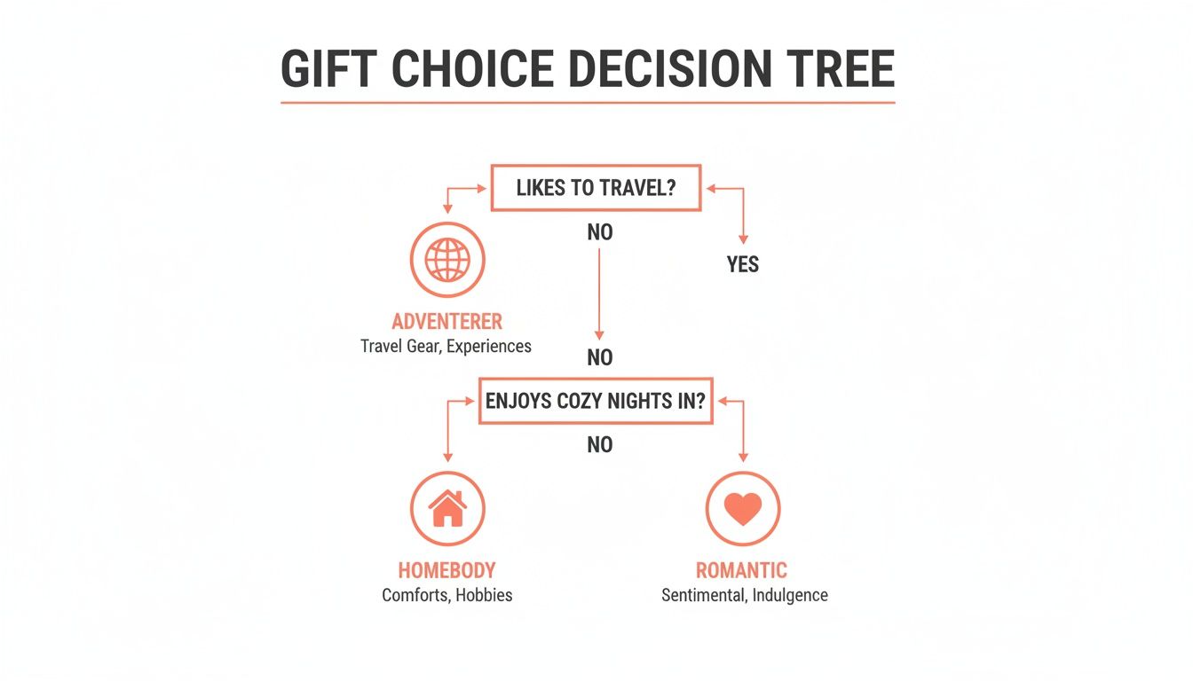 A gift choice decision tree guiding gift selections based on recipient's preferences for travel or cozy nights in.