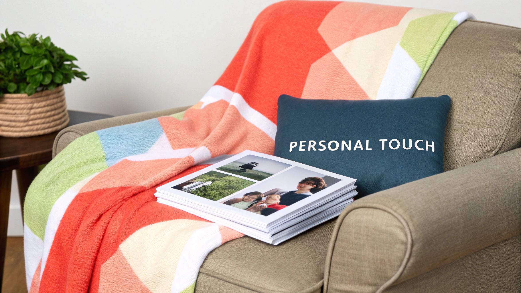 A cozy armchair with a colorful geometric blanket, a 'PERSONAL TOUCH' pillow, and family photo albums.